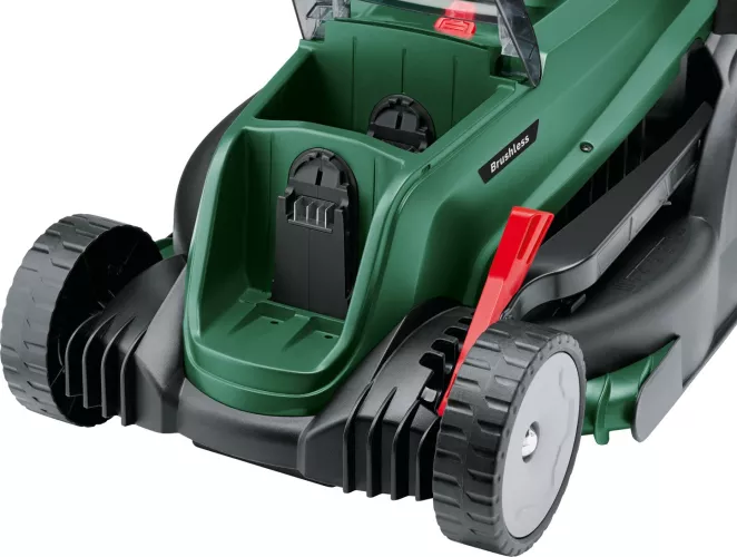 Masina de tuns gazon/iarba pe acumulator Bosch UniversalRotak 2x18V-37-550, 2x18 V, 37 cm latime lucru, inaltime de taiere 25-70 mm , 5 trepte de taiere sac colector 40 L, fara acumulator si incarcator in setul de livrare — Motor fără perii cu tehnologie Syneon